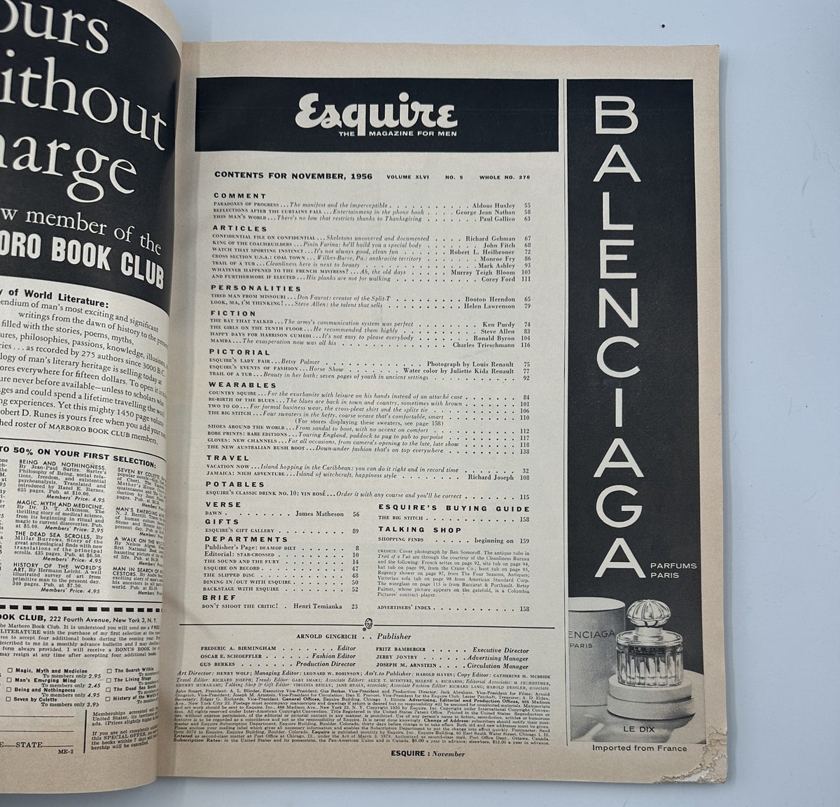 Interior page of Esquire Magazine November 1956 displaying the table of contents, with listings of articles and features, including a reference to BALENCIAGA perfumes.