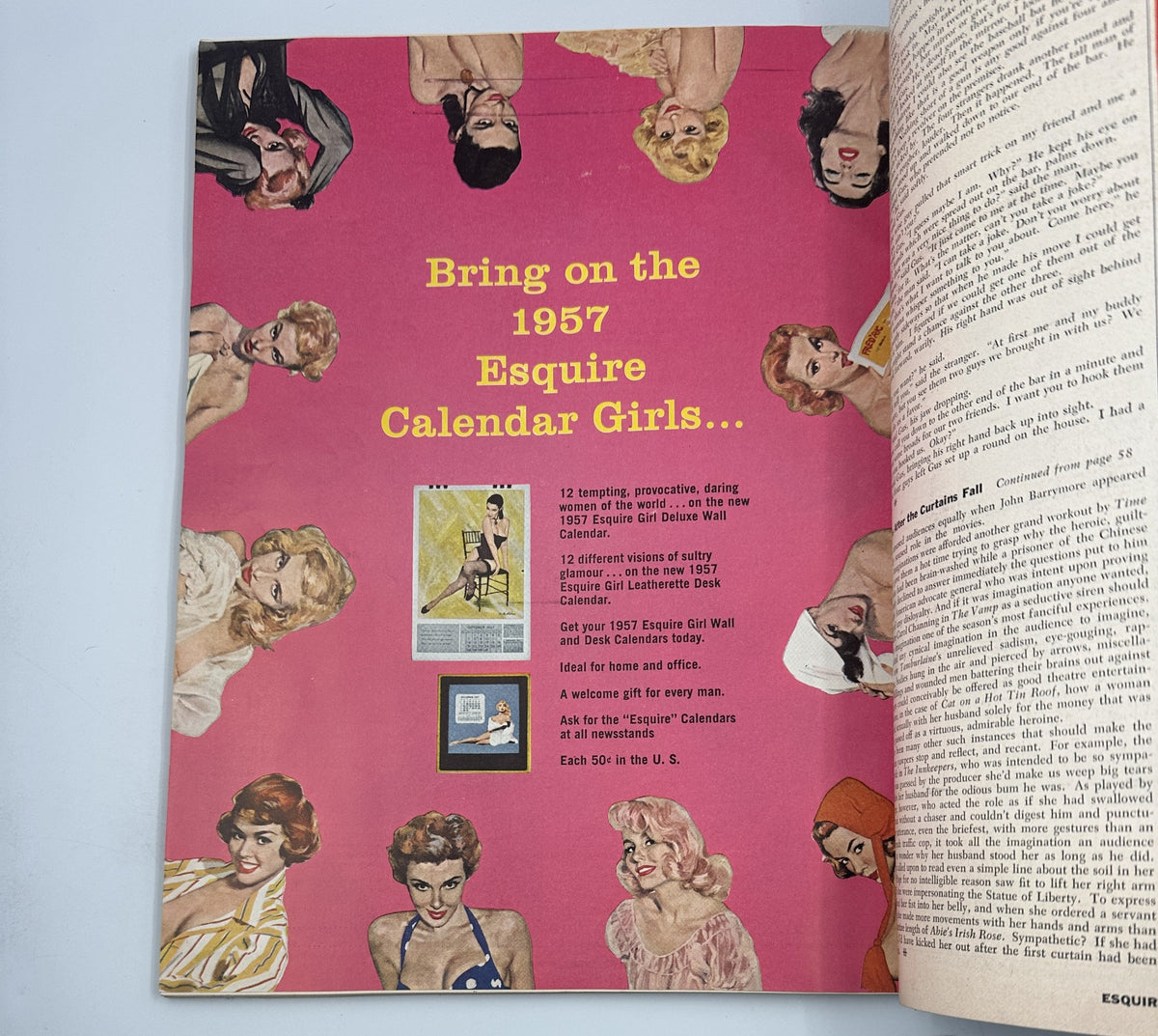 Advertisement in Esquire Magazine November 1956 promoting the 1957 Esquire Calendar Girls, featuring various glamorous images of women, appealing to collectors and fans of vintage pinups.