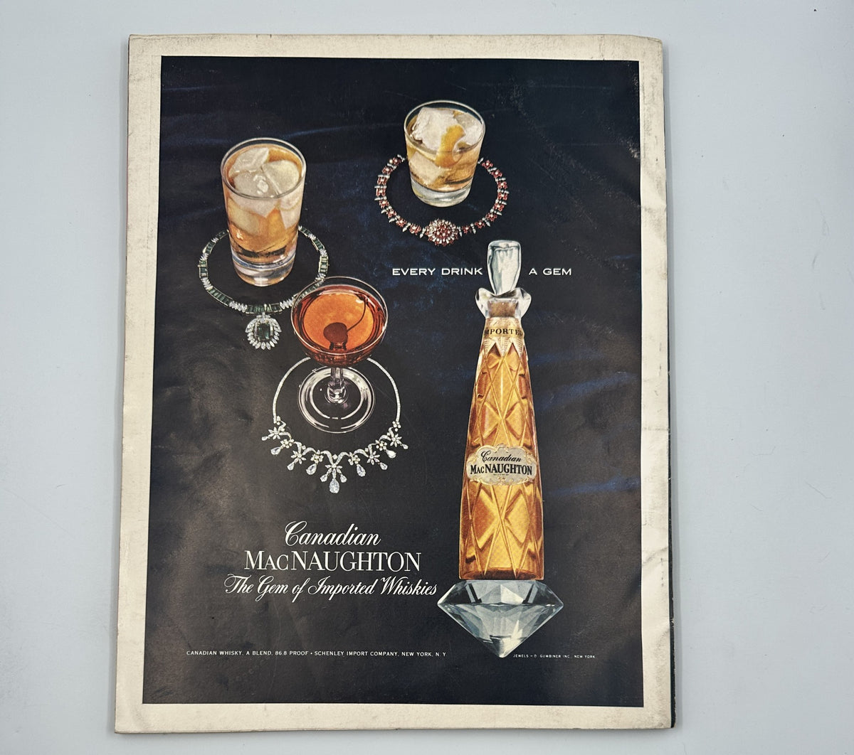 Vintage advertisement for Canadian MacNaughton whisky featuring stylish drinks and a glamorous presentation. Esquire Magazine November 1956 Betsy Palmer Foldout Steve Allen Farina with Pinup.