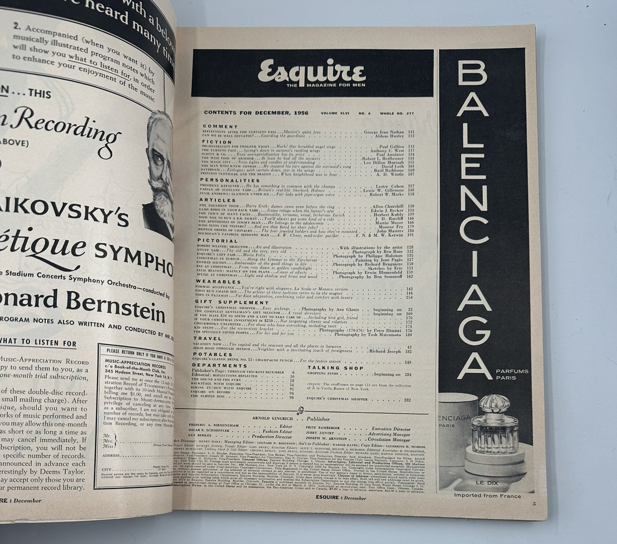 Interior page of Esquire Magazine December 1956 displaying the table of contents with a sophisticated typeface and layout.