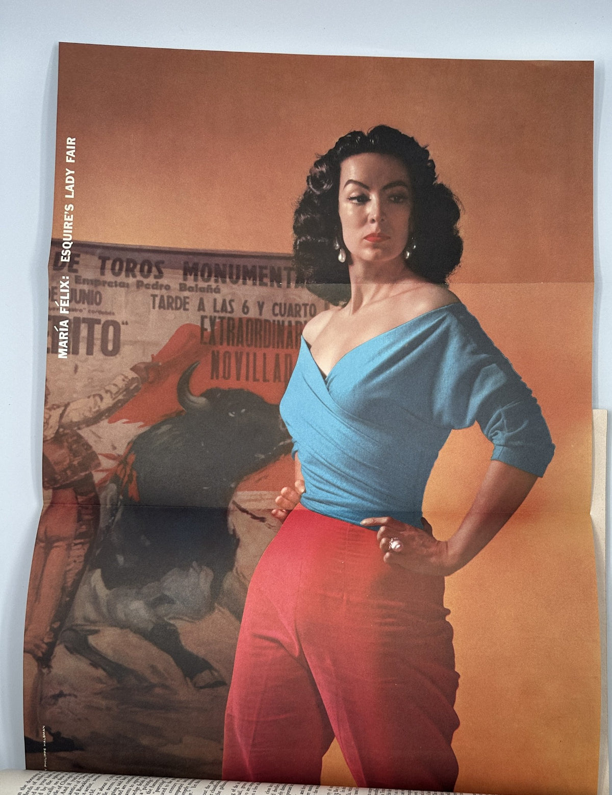Iconic photograph of Maria Felix featured in Esquire Magazine December 1956, depicting her in a stylish outfit with a dramatic pose.