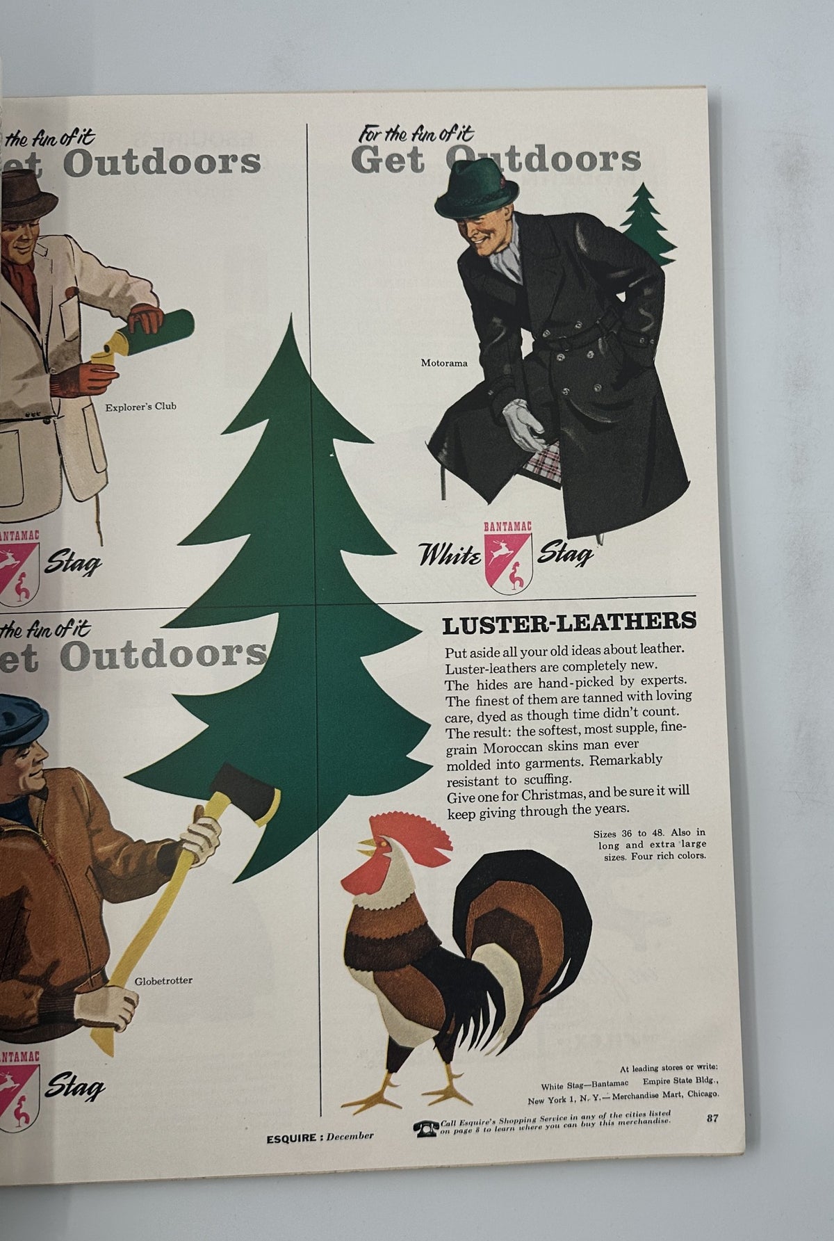 Esquire Magazine December 1956 featuring a vintage advertisement for outdoor gear with a stylish man dressed for the outdoors next to a stylized Christmas tree. The ad promotes luster-leathers and the joys of outdoor activities.