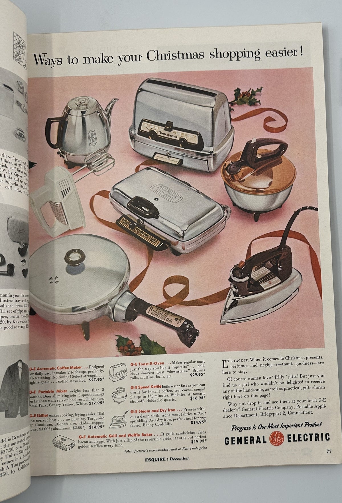 Esquire Magazine December 1956 showcasing various kitchen appliances including a coffee maker, kettle, toaster, and frying pan, all from General Electric. The ad emphasizes making Christmas shopping easier with these modern kitchen tools.