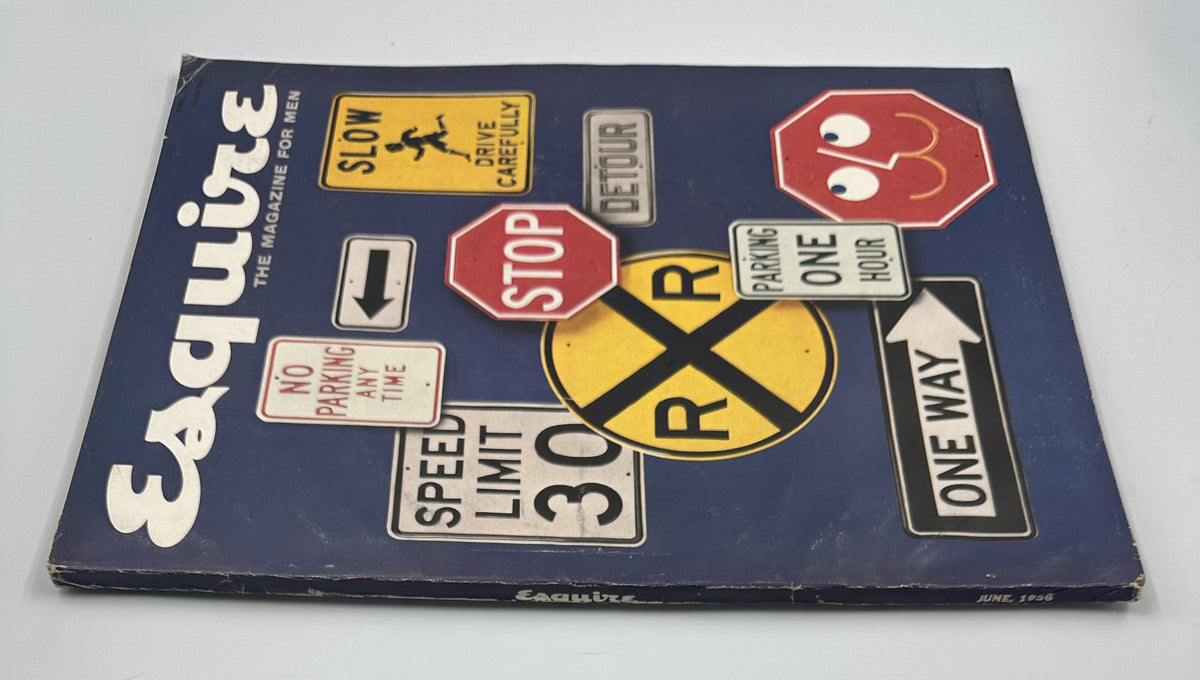 Esquire Magazine June 1956 cover featuring street signs and warnings, showcasing vintage design elements.
