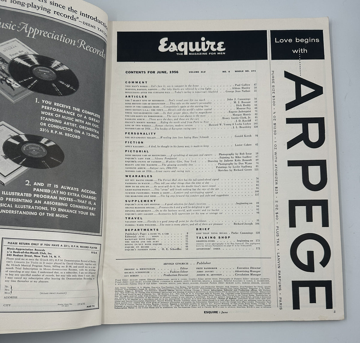 Inside page of Esquire Magazine June 1956, listing contents and articles for the month.