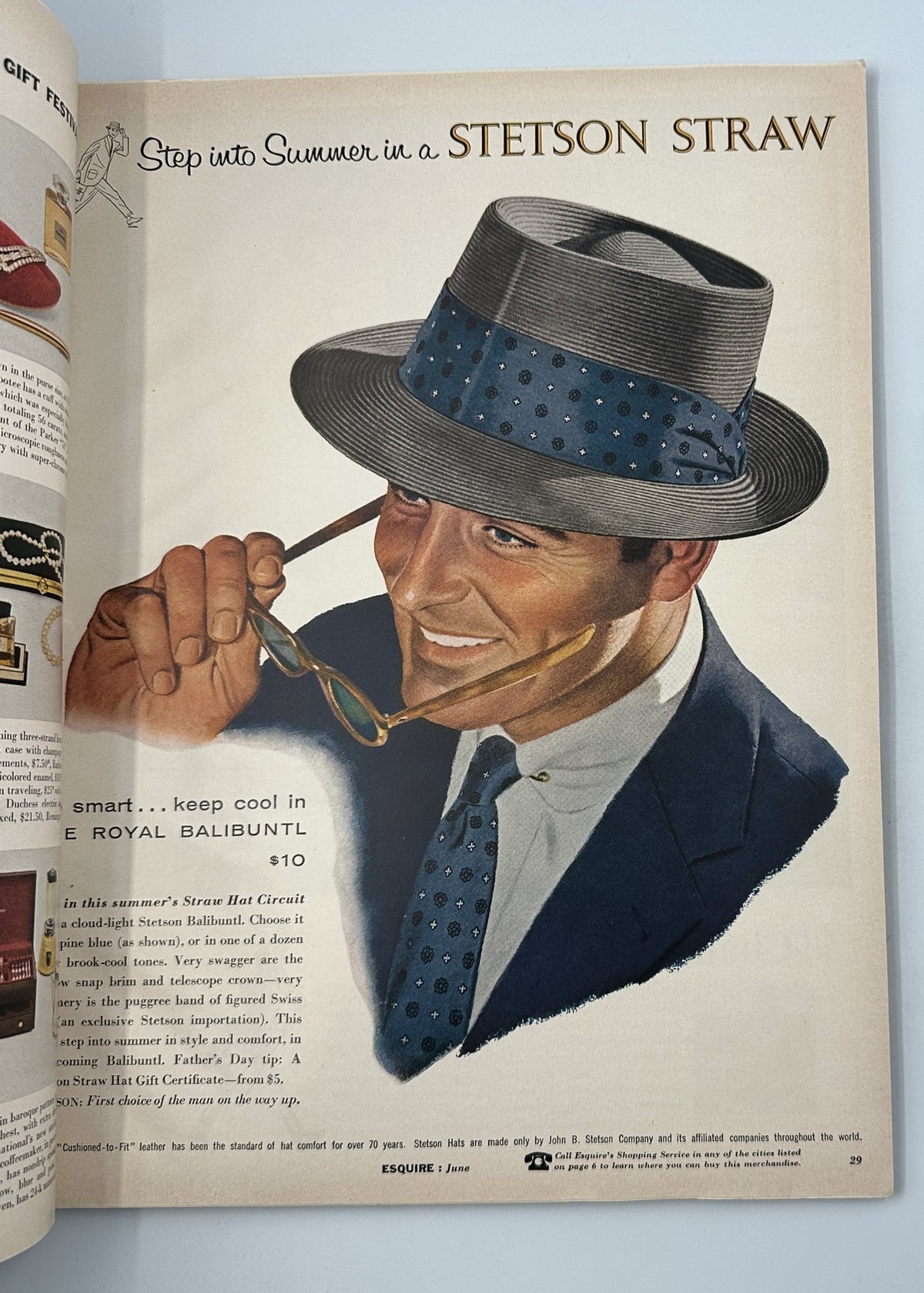 Advertisement featuring a Stetson straw hat in Esquire Magazine June 1956, illustrating summer fashion for men.