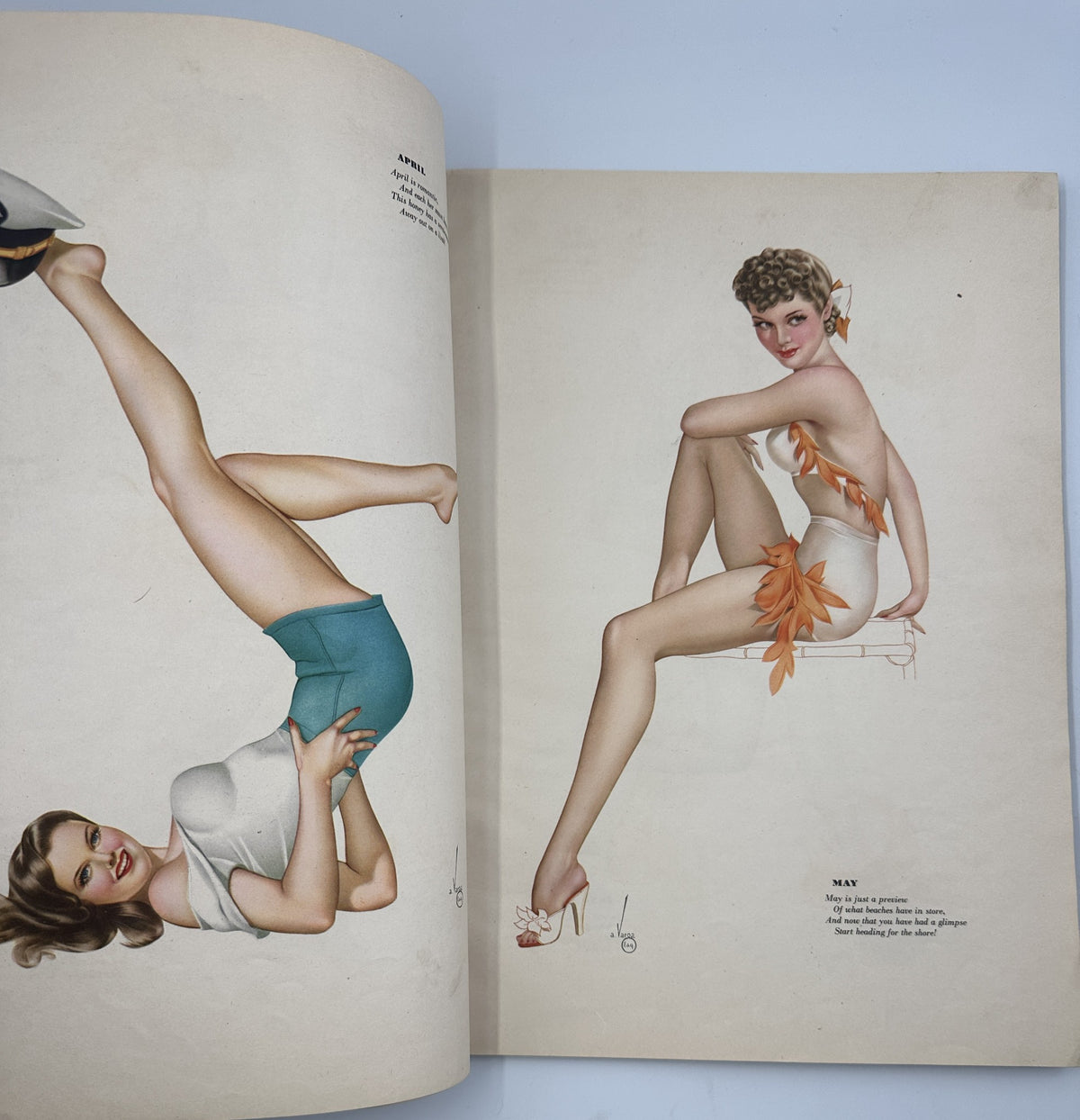 Esquire Magazine January 1945 Varga Calendar Girls illustration for May, showcasing two women in artistic poses, one upside down and the other in a glamorous swimsuit, representing 1940s pin-up style.