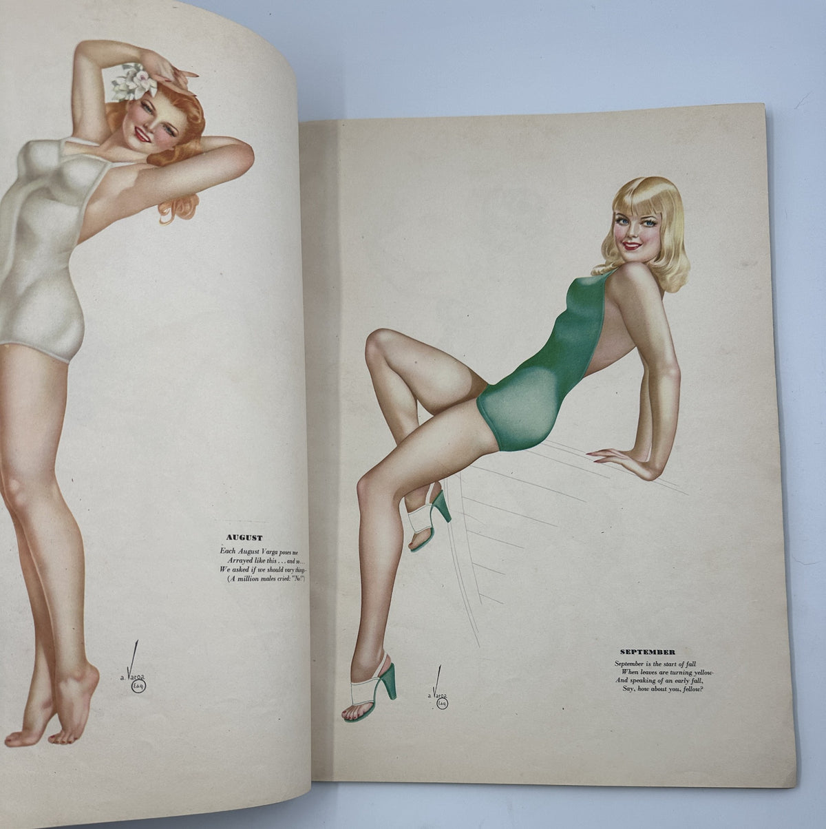 Esquire Magazine January 1945 Varga Calendar Girls illustration for August, featuring a blonde woman in a stylish green swimsuit sitting gracefully, exuding vintage charm and elegance.