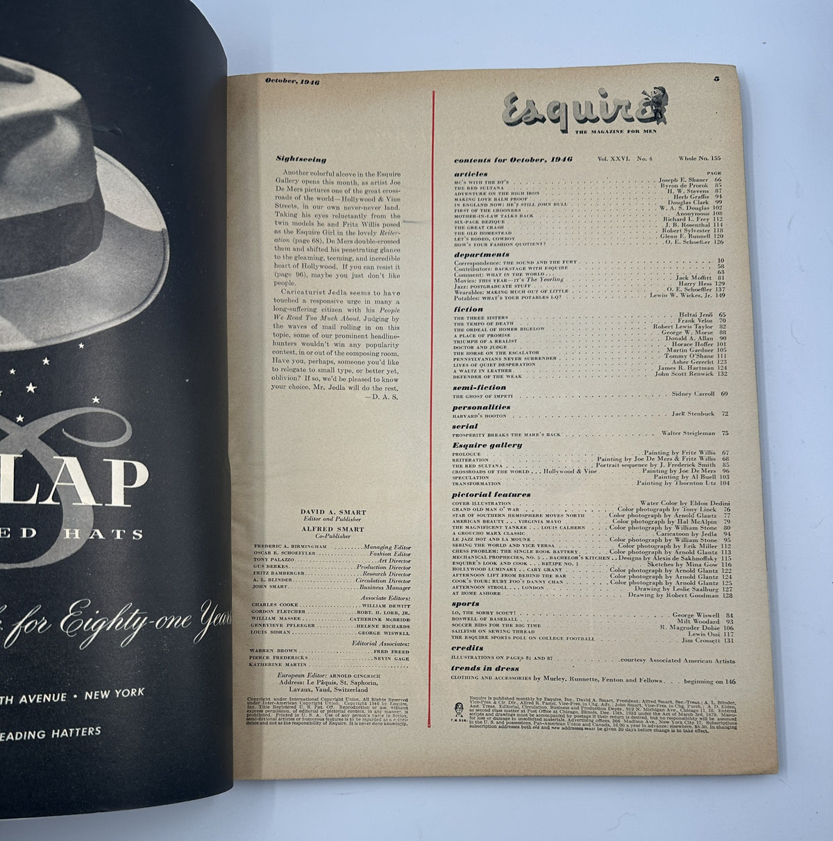 Inside page of Esquire Magazine, October 1946, displaying the contents section. The issue includes topics like Fiction, Art, Departments, and more, highlighting the magazine's diverse coverage.