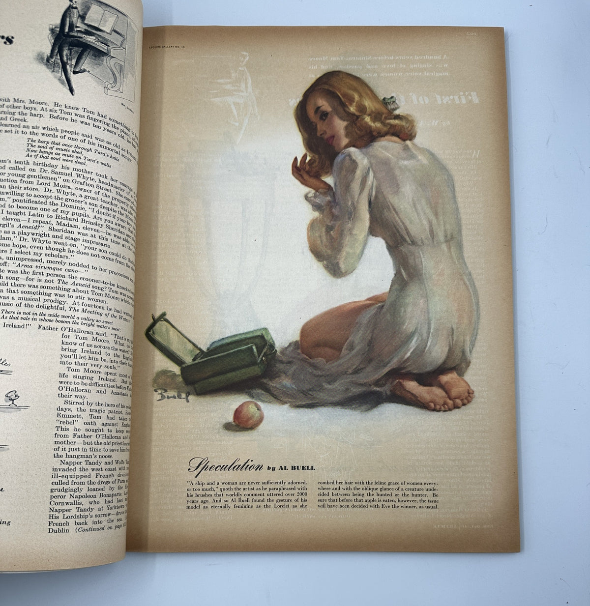 Esquire Magazine October 1946 presents an artistic illustration by Al Buell, depicting a woman in a delicate white dress, emphasizing the magazine's artistic flair and fashion sensibilities.