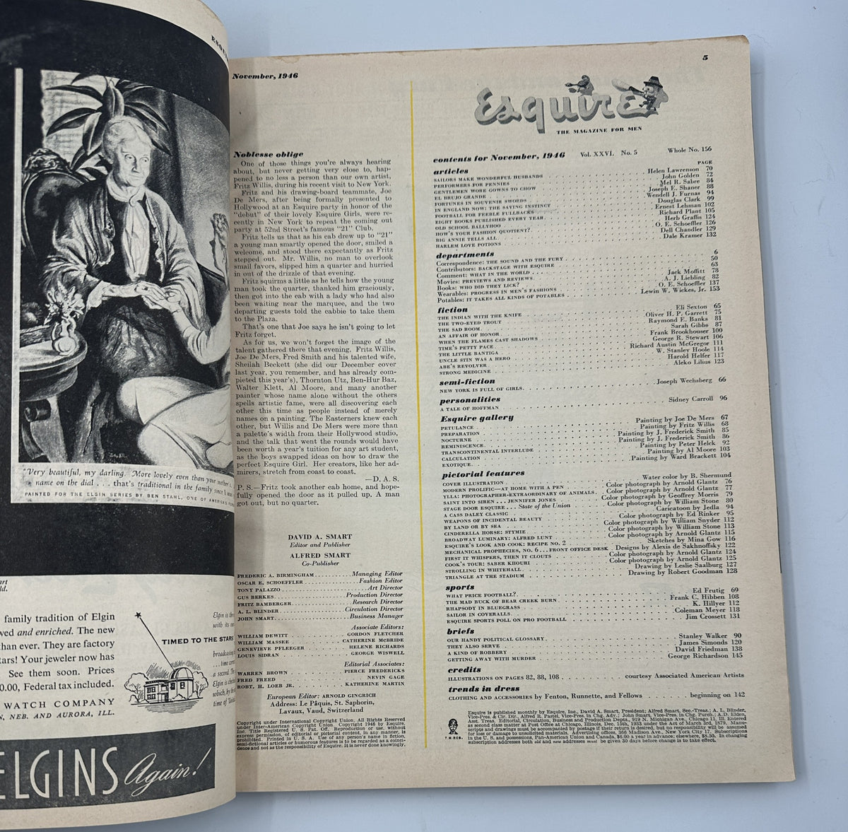 Interior page of Esquire Magazine, November 1946 listing the table of contents with details about articles, departments, and features included in the issue.