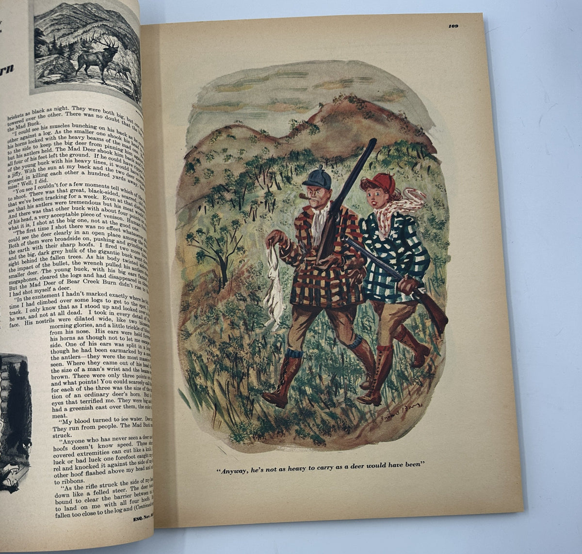 Illustrated page from Esquire Magazine, November 1946 depicting two hunters in plaid attire walking through a mountainous landscape, part of a featured article.