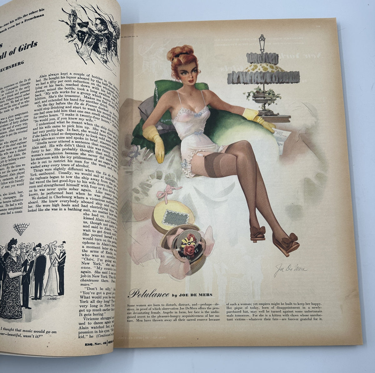 Esquire Magazine November 1946 illustration titled 'Petulance' by Joe De Mers, featuring a glamorous woman in vintage lingerie with yellow gloves, showcasing fashion and beauty from the mid-20th century.