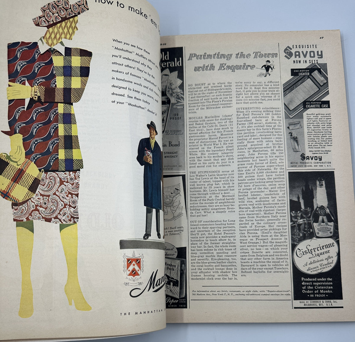 Esquire Magazine November 1946 image depicting a woman in a stylish coat and hat, surrounded by a decorative layout, highlighting fashion trends of the time. The image complements the magazine's content on fashion and style.