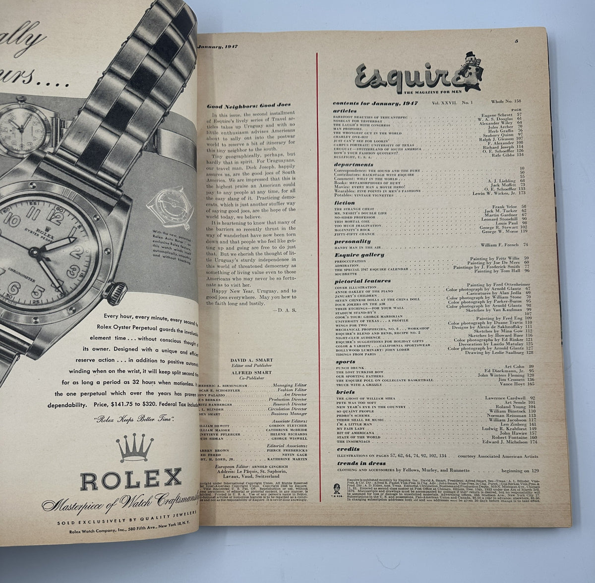 Esquire Magazine January 1947 featuring a Rolex advertisement and a table of contents overview, showcasing articles and features in the holiday issue.
