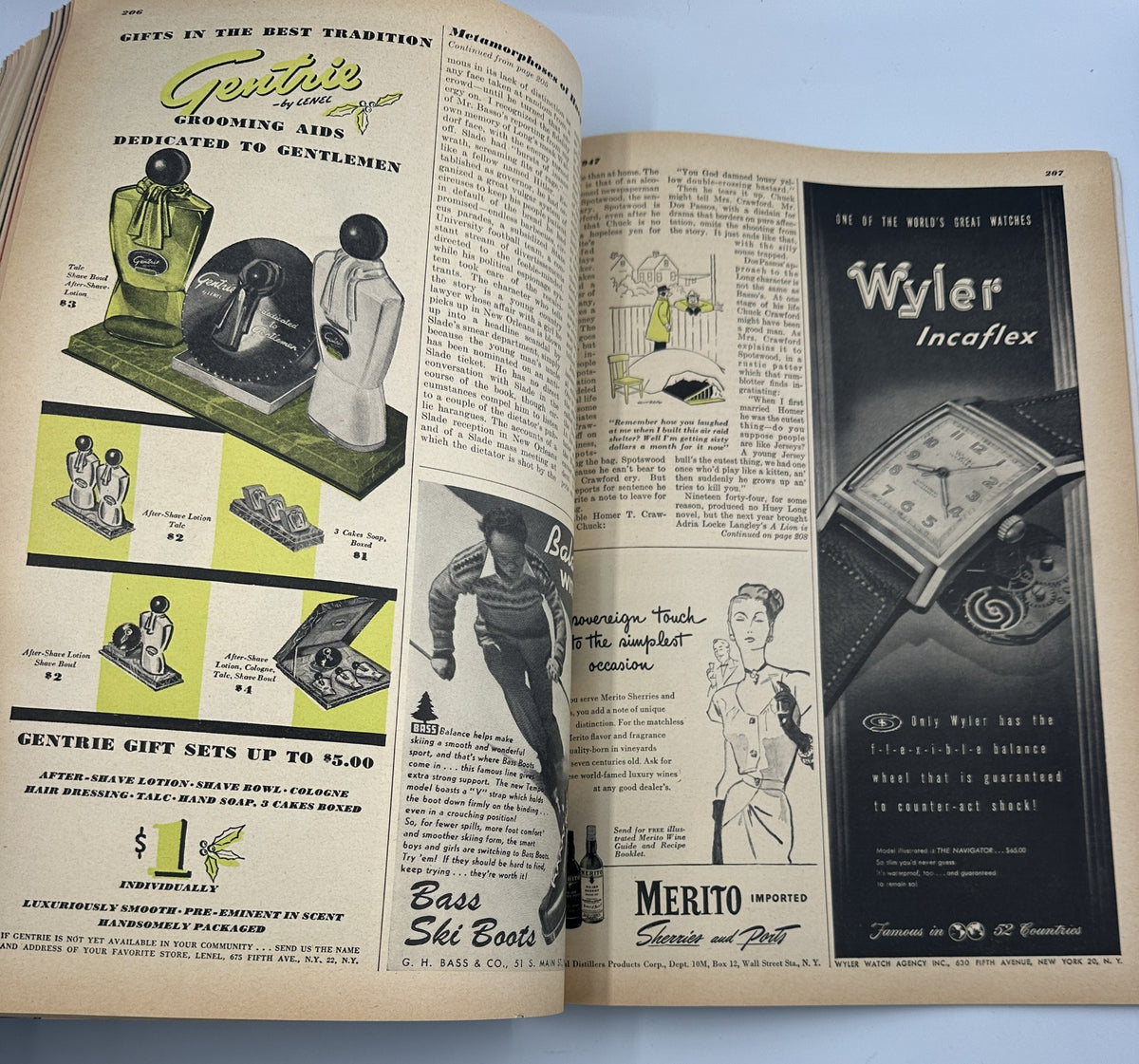 Esquire Magazine January 1947 page displaying GENTRIE grooming products and accessories, catering to men's fashion and style in the holiday issue.