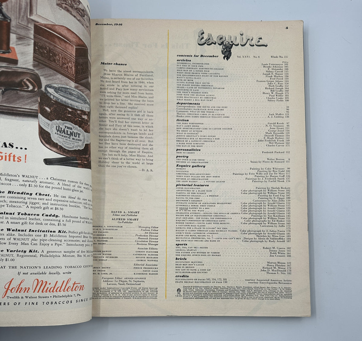 Esquire Magazine December 1946 Christmas Annual Holiday Issue featuring the table of contents and advertisements on the page.