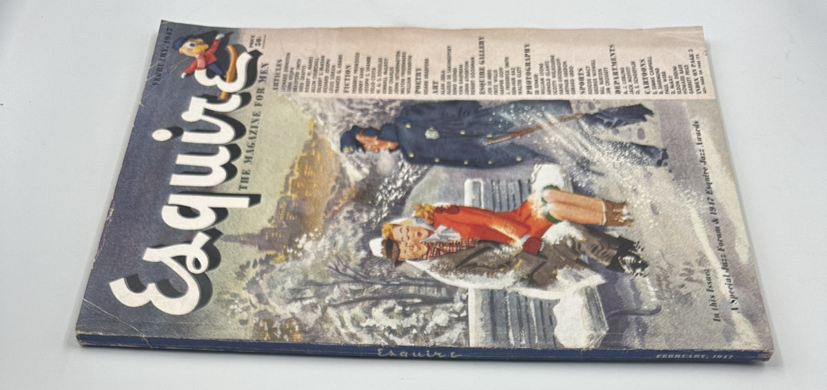 Esquire Magazine February 1947 showing the cover and side profile, featuring the magazine's title and articles on jazz, personalities, and fashion trends.