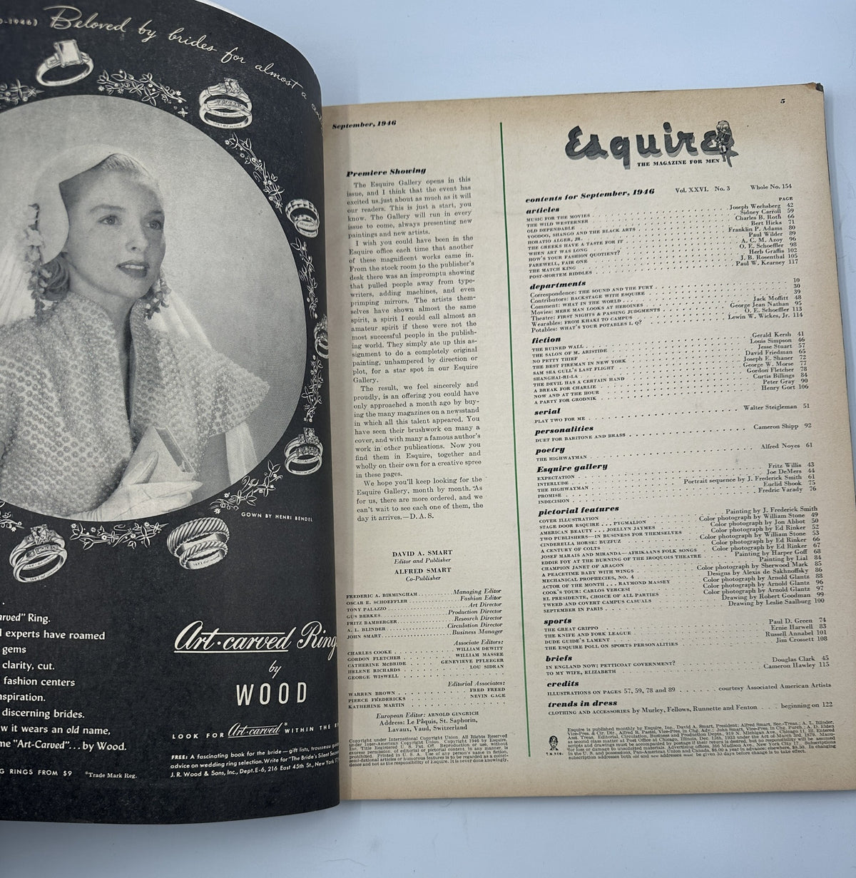 Interior page of Esquire Magazine September 1946 displaying a vintage advertisement featuring a model with an art-carved ring, alongside the table of contents listing.