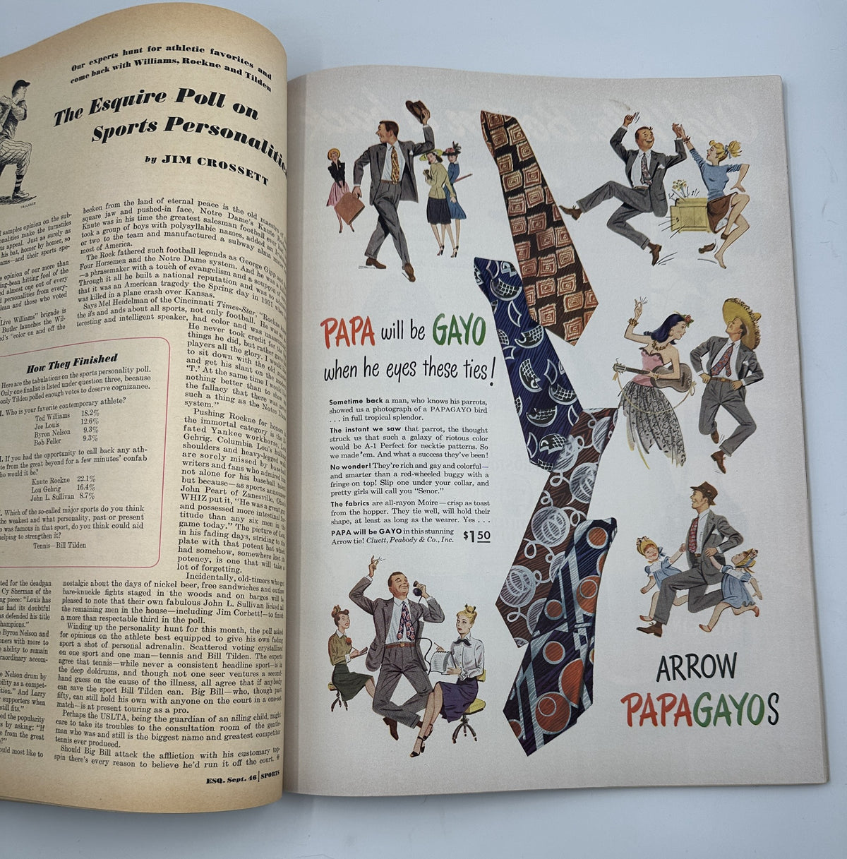 Esquire Magazine September 1946 presenting a colorful advertisement featuring people dancing and showcasing ties with the text 'Papa will be GAYO when he eyes these ties!' in the context of the Esquire Poll on Sports Personalities.