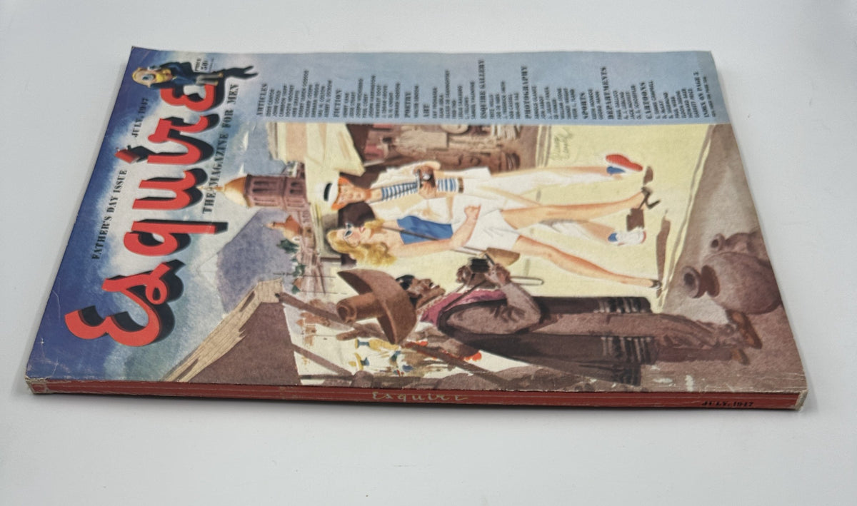 Side view of the July 1947 Esquire Magazine showcasing its cover art and listing of articles and features inside.