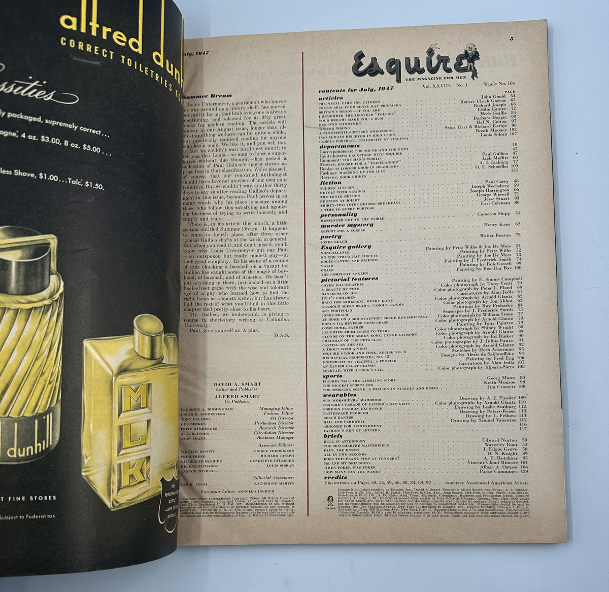 Inside page from the July 1947 Esquire Magazine displaying a contents list featuring articles and illustrations, reflecting the magazine's vintage design.