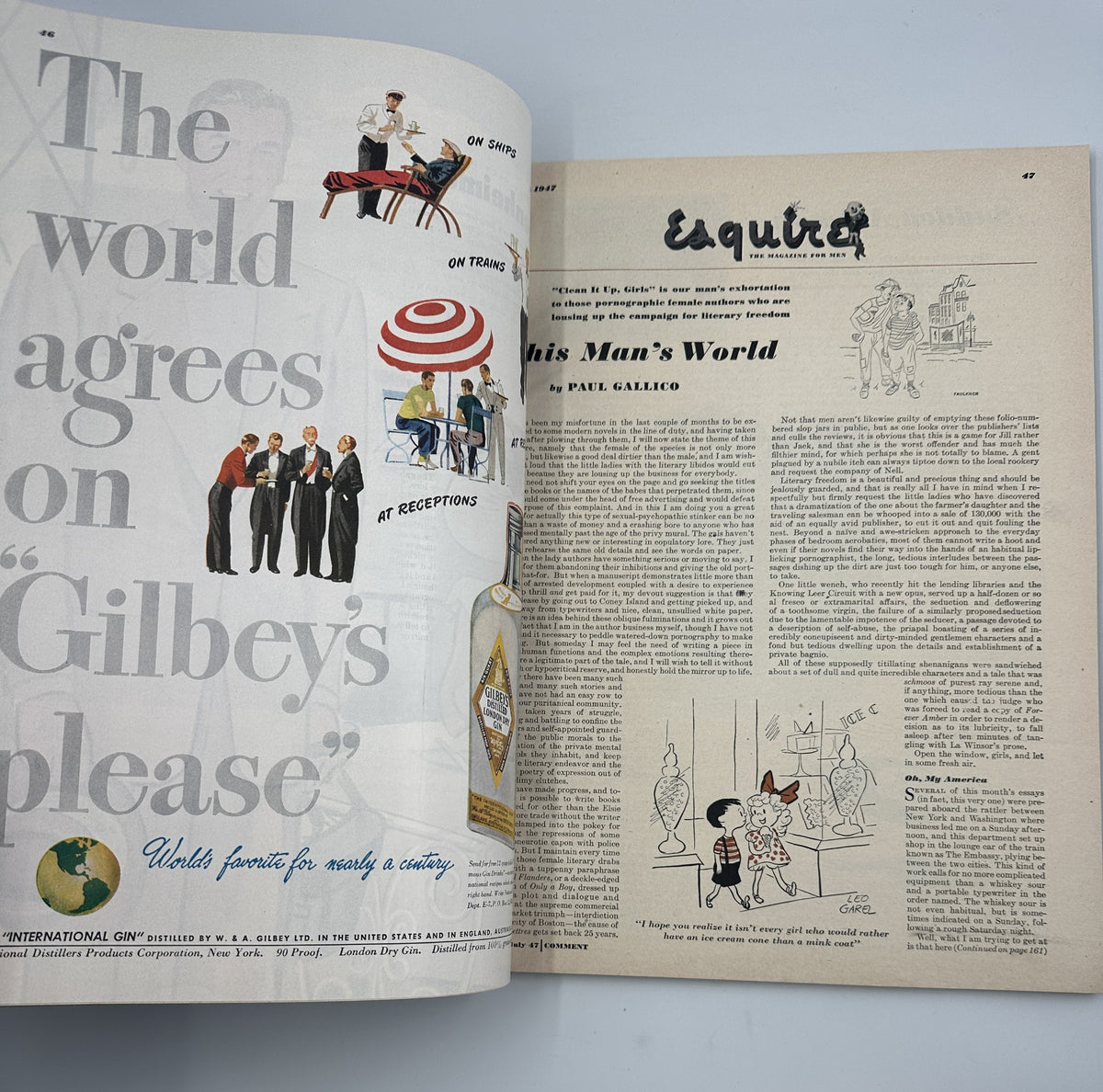 Page of Esquire Magazine, July 1947, featuring an article titled 'This Man's World' by Paul Gallico with an accompanying illustration.