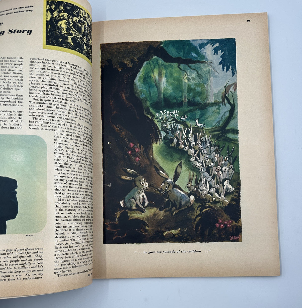 Esquire Magazine July 1947 showcasing a whimsical illustration of a procession of rabbits in a woodland scene, perfect for capturing the essence of childhood innocence.