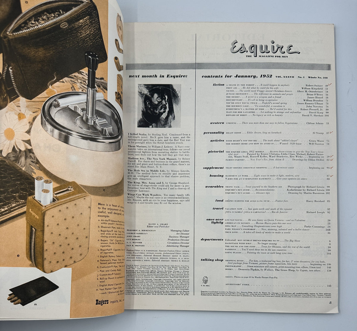 Inside page of Esquire Magazine January 1952 displaying the table of contents, including references to articles and features of the issue.