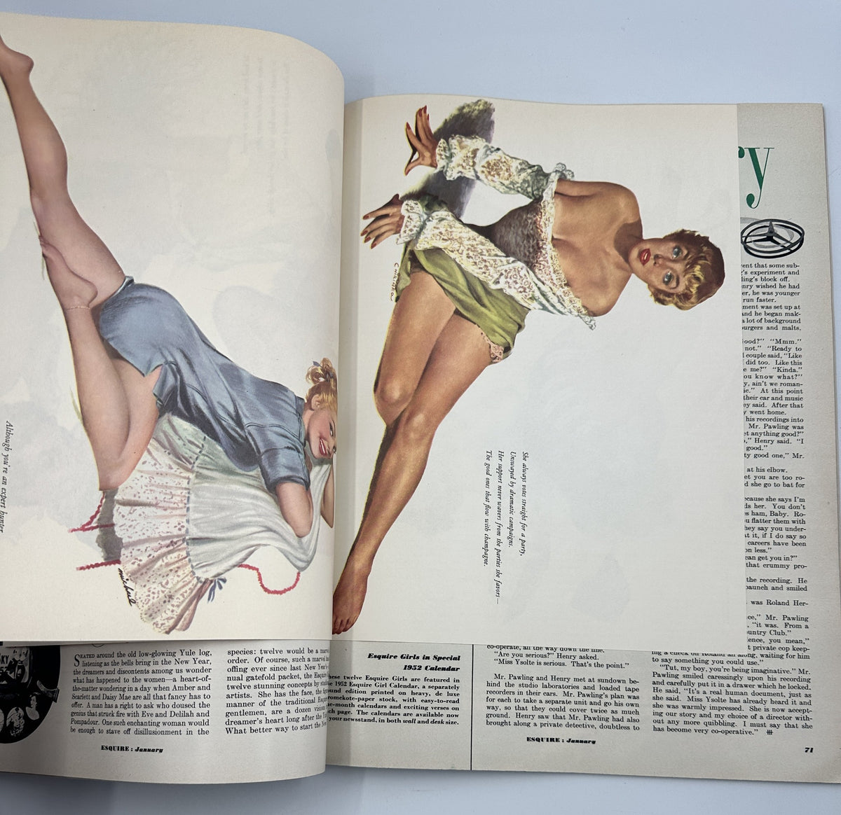 Illustration from Esquire Magazine January 1952 featuring a model in a blue nightgown and white lace, part of the Famous Girl calendar by Eddie Arcaro.