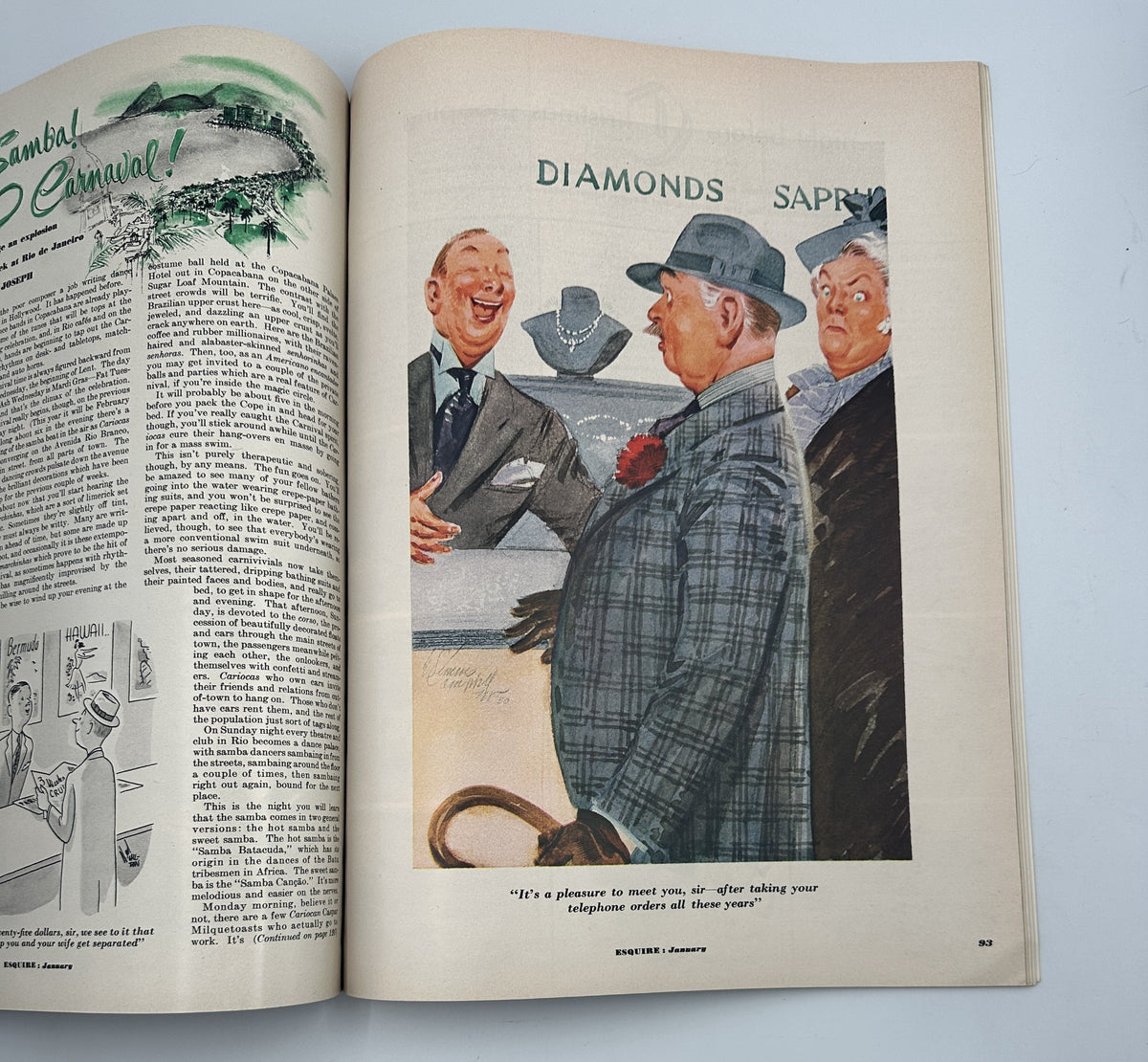 Illustration from Esquire Magazine January 1952 showing a humorous scene with men and a telephone, part of the Famous Girl calendar by Eddie Arcaro.