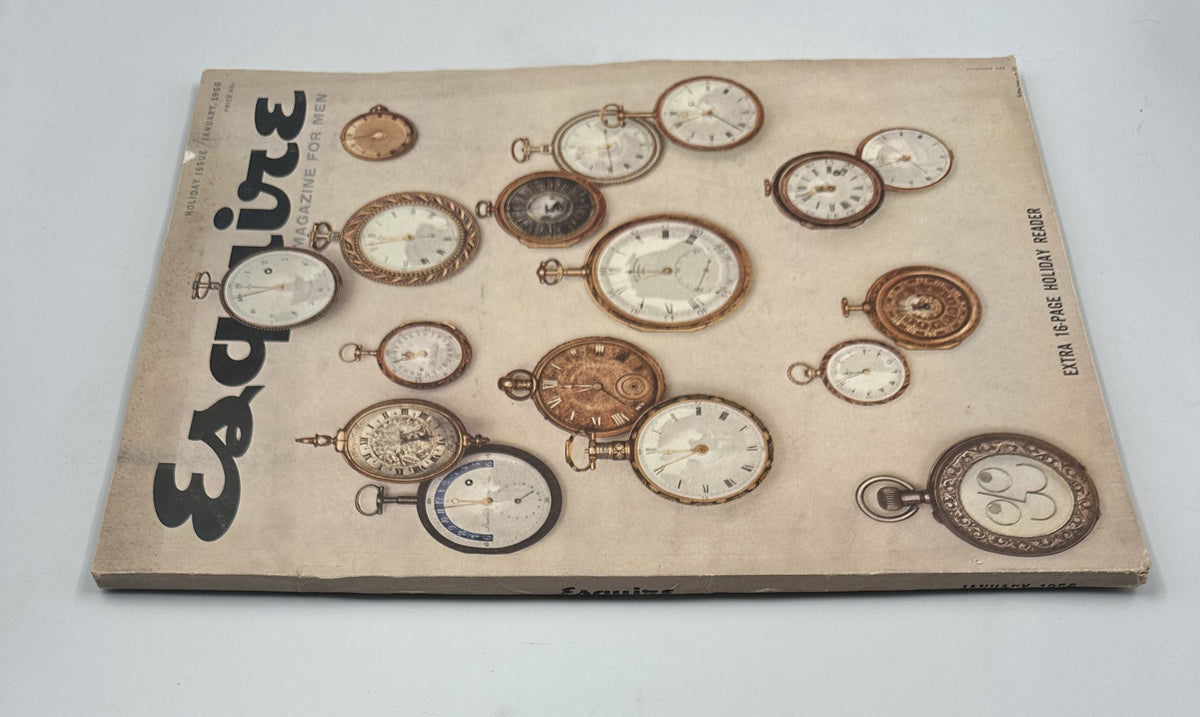 Esquire Magazine January 1956 cover showcasing an array of classic pocket watches, emphasizing timeless design and sophistication.