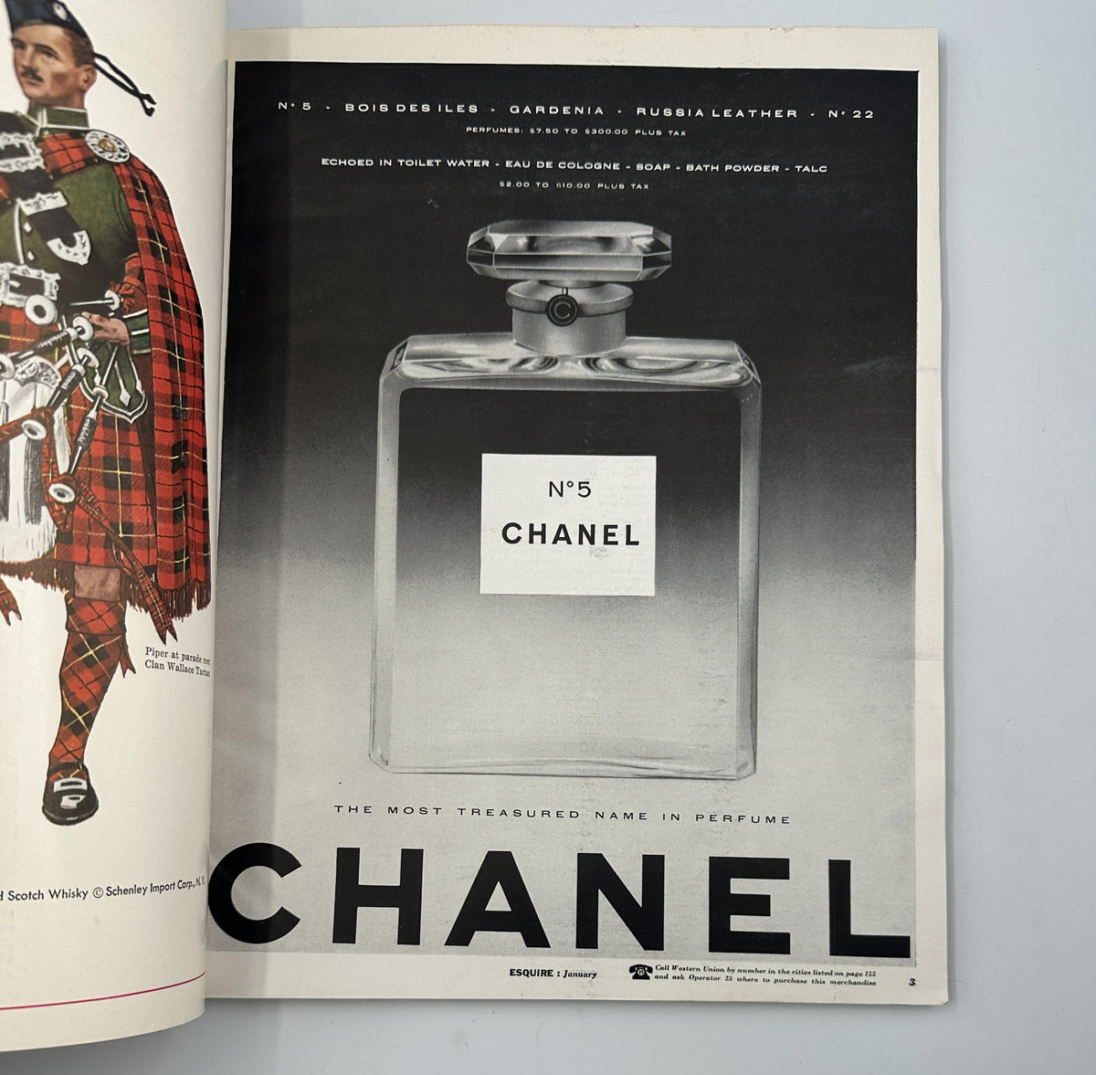 Esquire Magazine January 1956 advertisement for Chanel No. 5 perfume, emphasizing its status as a treasured fragrance.