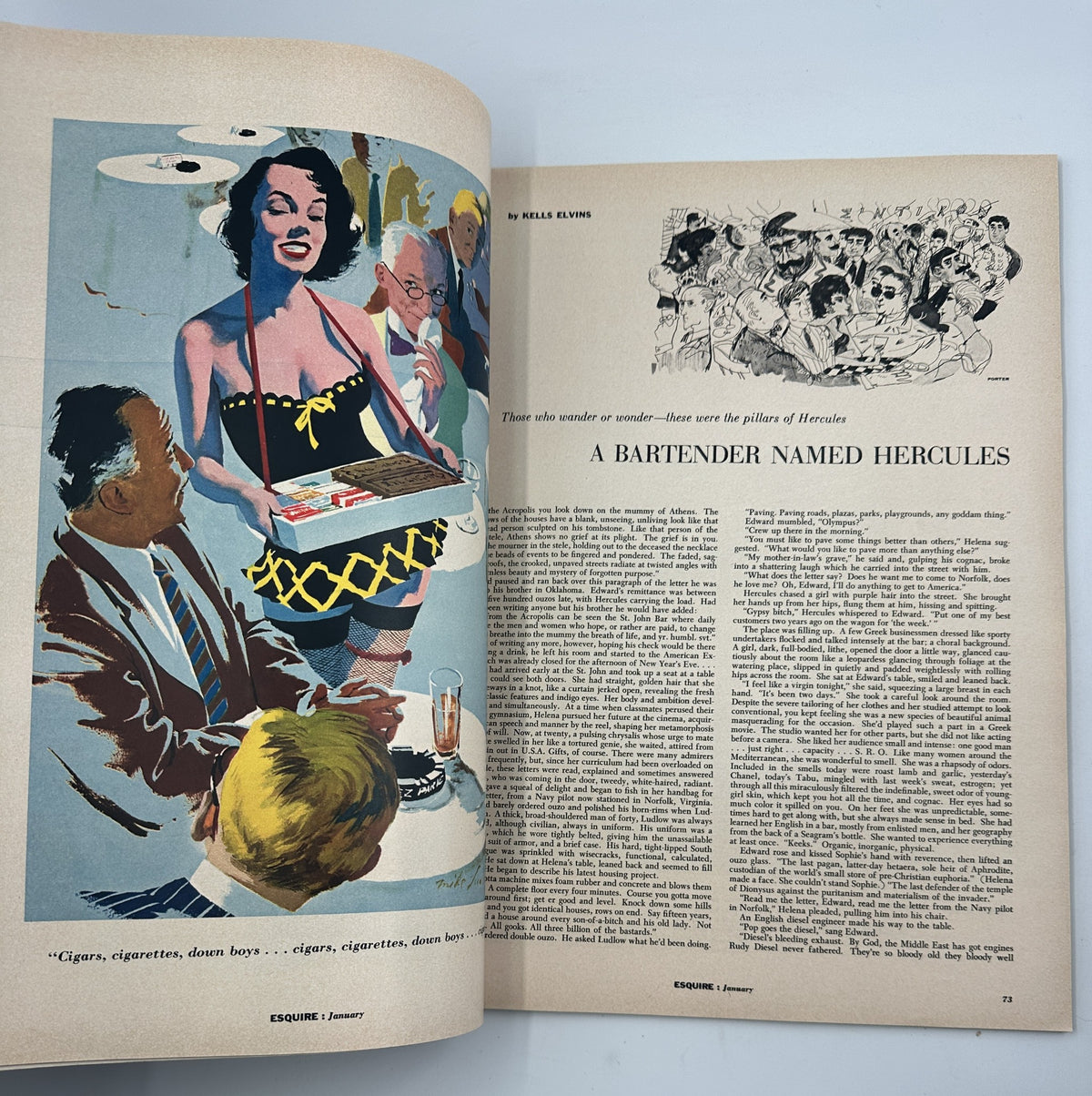 Esquire Magazine January 1956 article titled 'A Bartender Named Hercules,' accompanied by engaging illustrations and commentary.