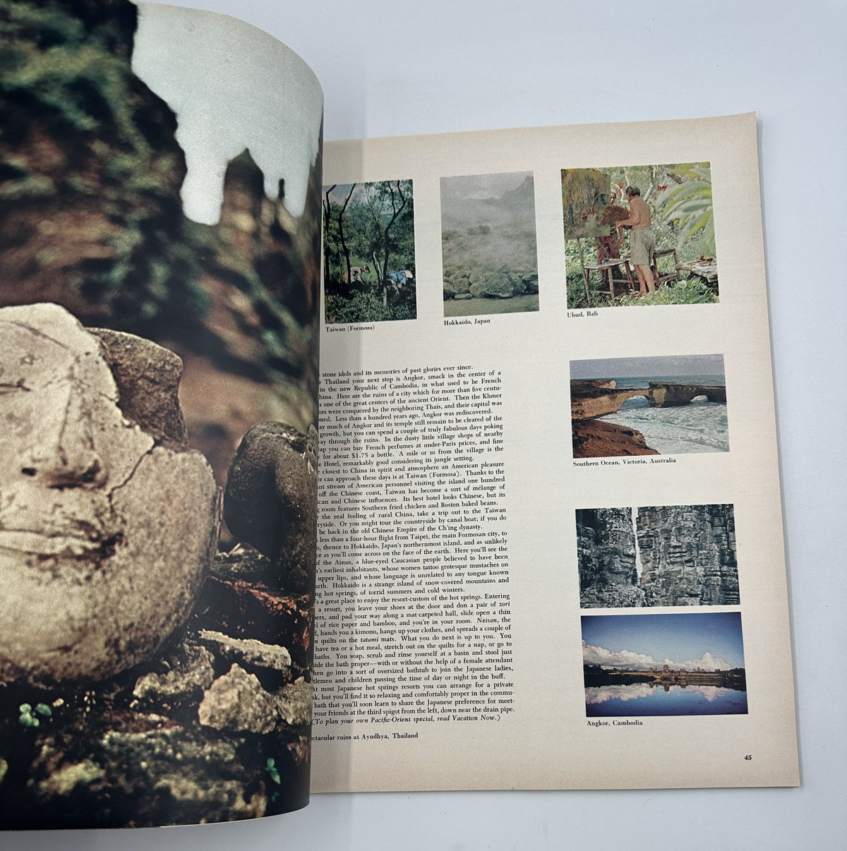 Esquire Magazine August 1957 featuring a scenic article with photographs of landscapes from various locations including Japan, highlighted alongside a written description.