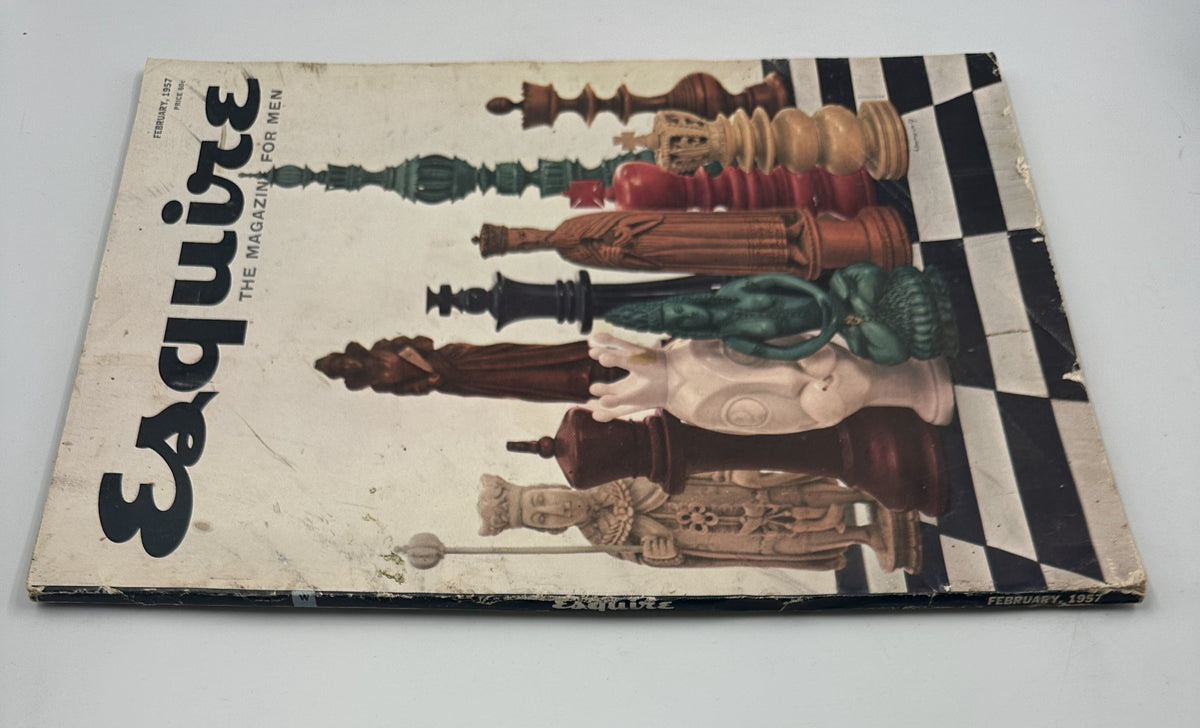 Esquire Magazine February 1957 cover with a different angle of the chess pieces display, highlighting the creative and distinctive artwork that captures the essence of the era.