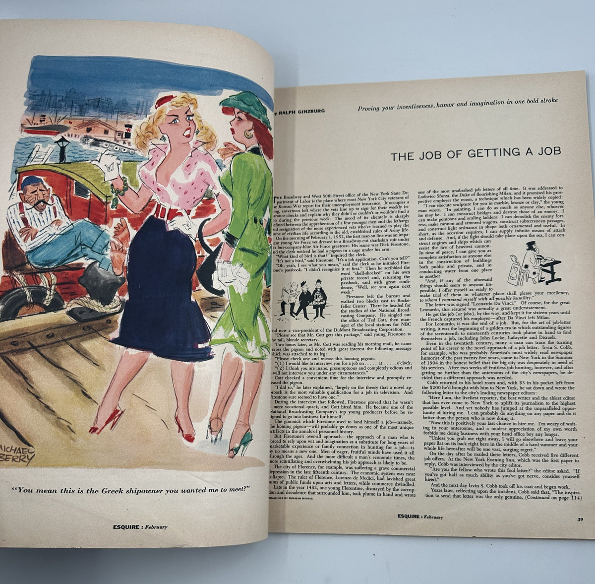Illustrated page from Esquire Magazine February 1957 depicting two fashionable women in a humorous scene, exemplifying the magazine's blend of style, wit, and social commentary.