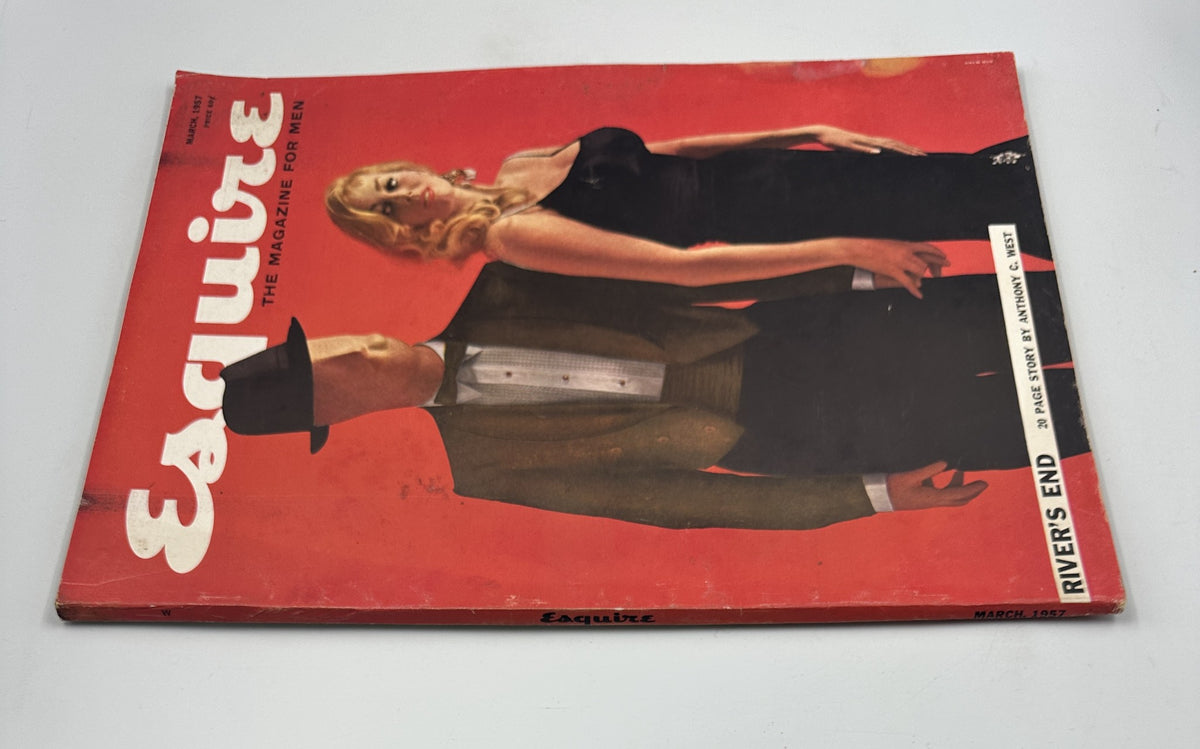 Esquire Magazine March 1957 cover showing a high-fashion depiction of a man in formal wear alongside a stunning woman in a black gown, highlighting the 'River's End' story by Anthony C. West.
