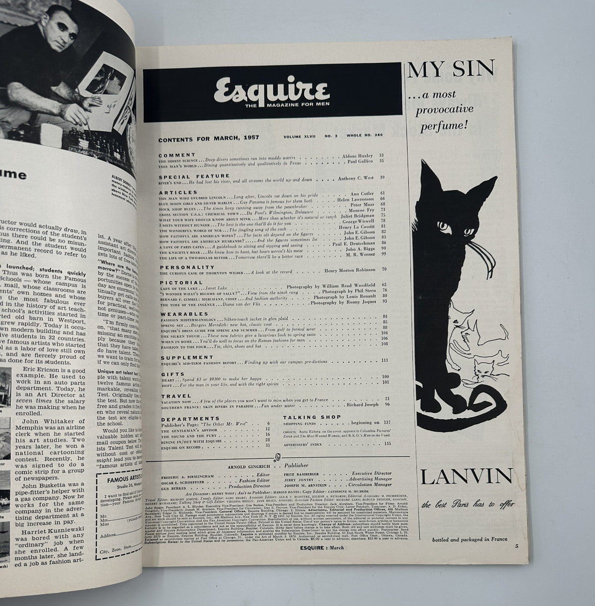 Open spread of Esquire Magazine March 1957 showcasing the table of contents including articles and features, with a stylish silhouette of a cat on the right side.