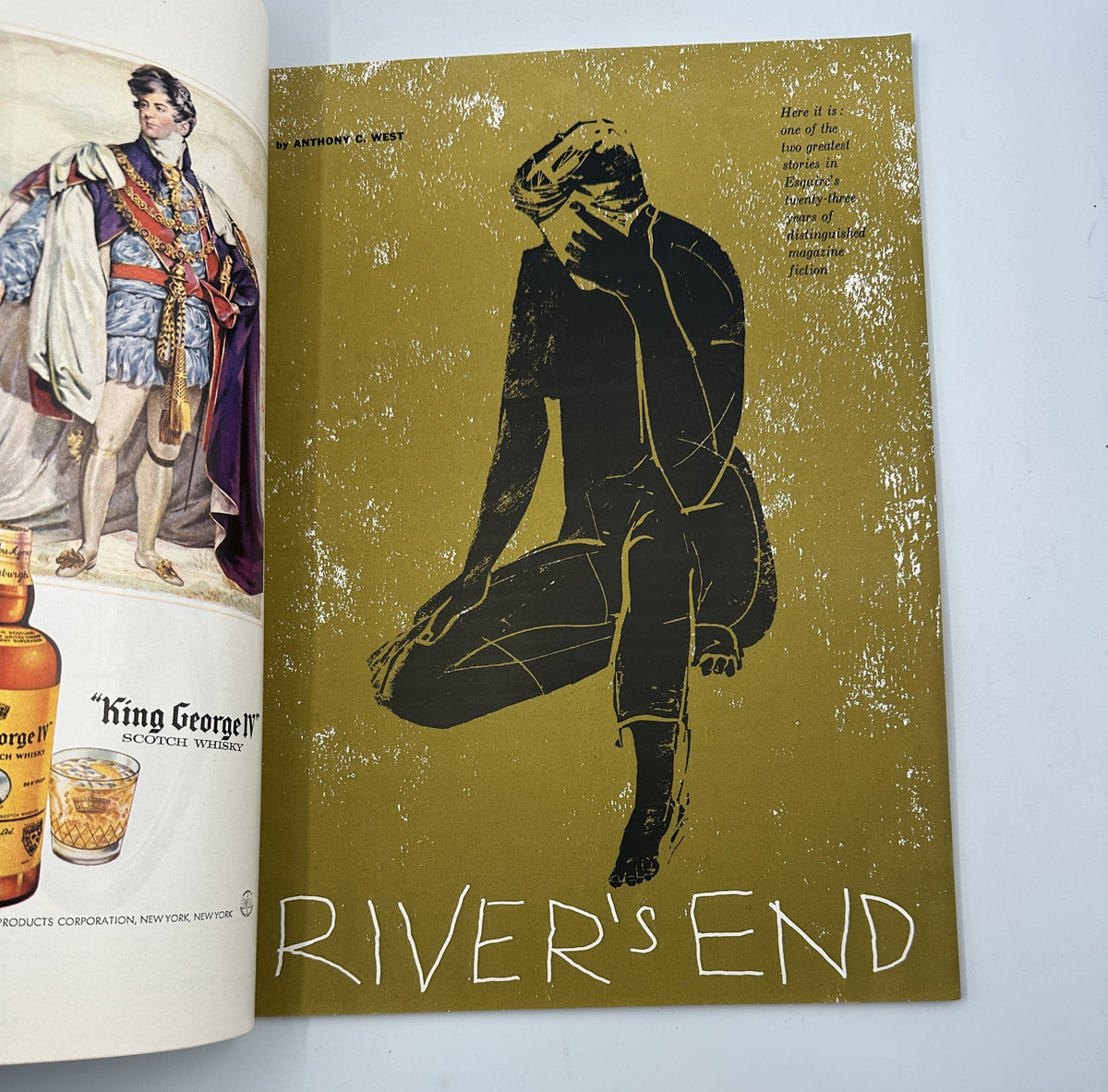 Page from Esquire Magazine March 1957 illustrating the beginning of the article 'River’s End' by Anthony C. West, featuring a minimalistic illustration of a seated figure.