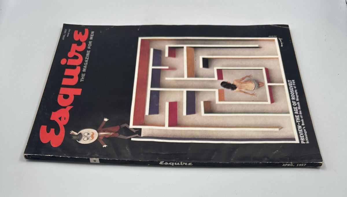 Esquire Magazine April 1957 displaying a slightly worn cover with a maze design and a woman inside, accompanied by a whimsical character illustration, highlighting the magazine's unique and artistic style.