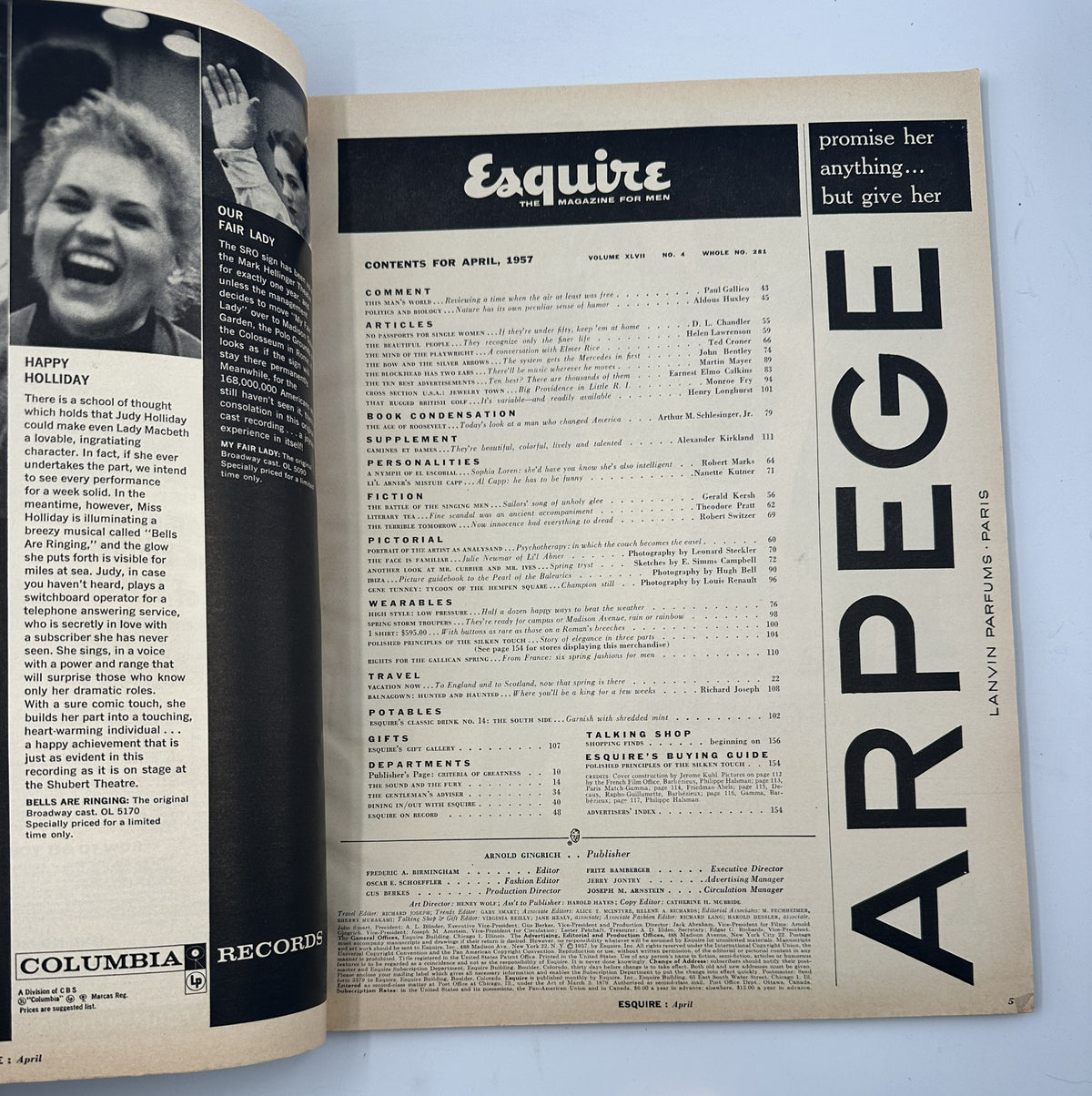 Contents page of Esquire Magazine April 1957 featuring articles, personal profiles, and advertisements.