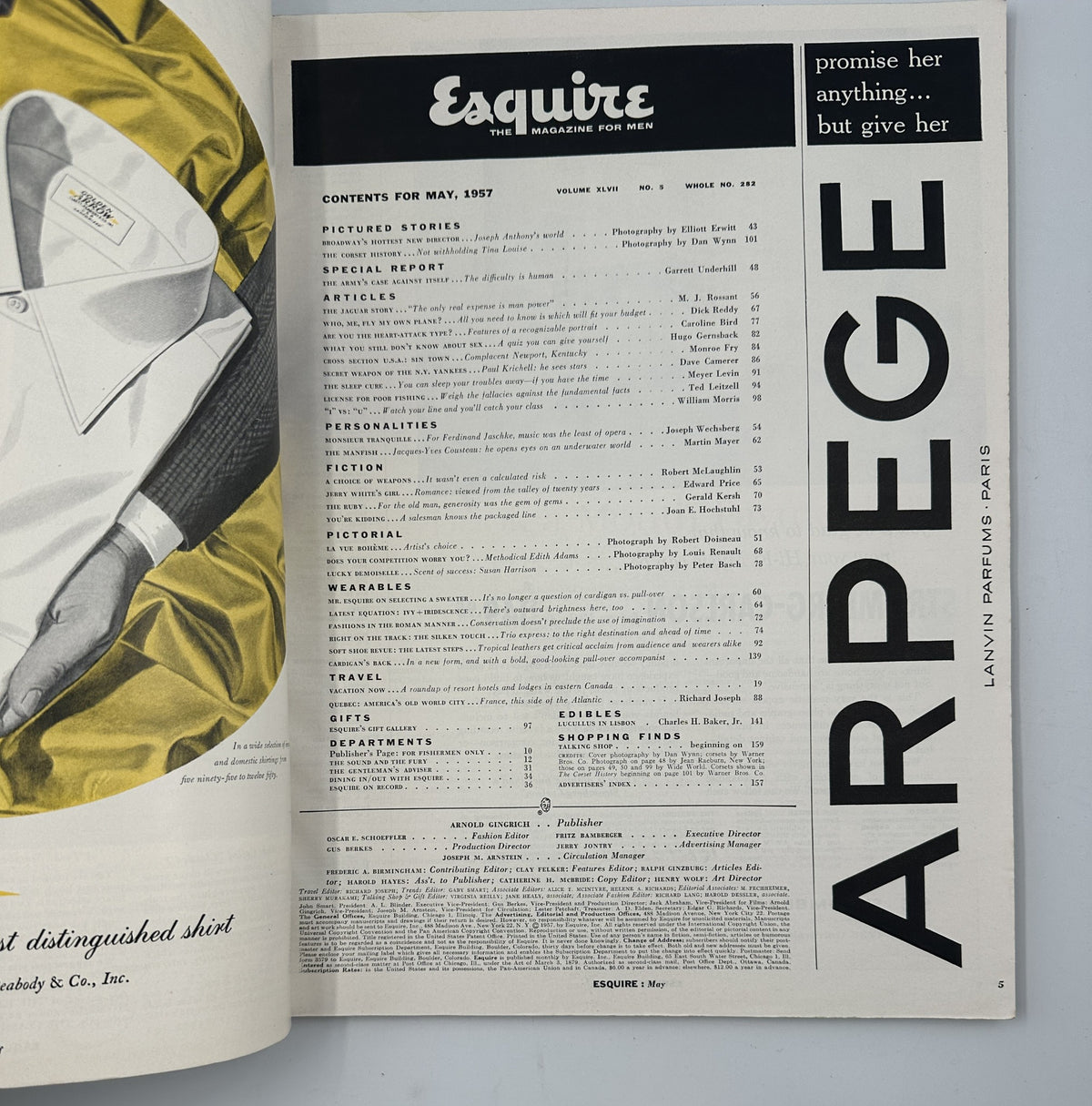 Interior page of the May 1957 Esquire Magazine featuring the contents list, including articles such as 'The Jaguar Story' and 'The Army’s Case Against Itself'.