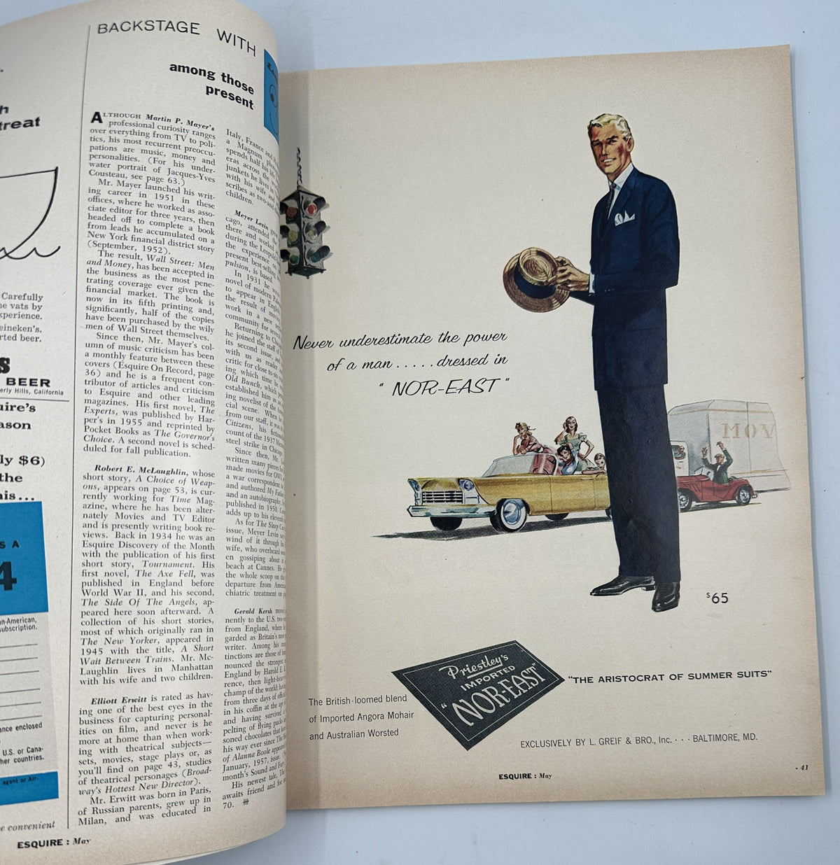 Interior advertisement from the May 1957 Esquire Magazine promoting men's summer suits, featuring a stylish model and branding for 'Norf-East'.