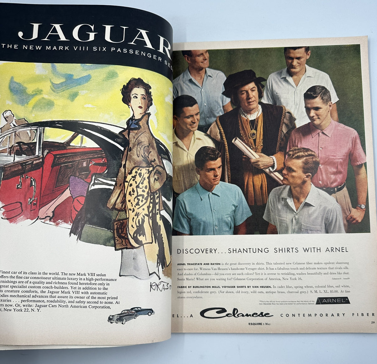 Esquire Magazine May 1957 showcasing Jaguar car advertisement with stylish illustration and men in fashionable attire, highlighting contemporary fashion and luxury. Includes text on shirts made with Arnel fibers.