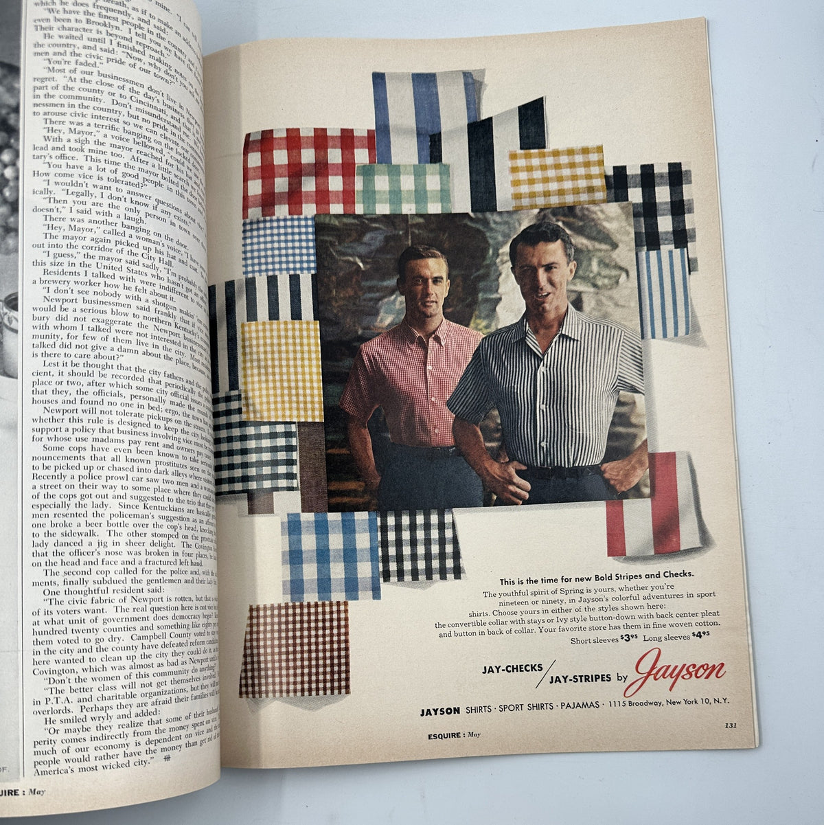 Esquire Magazine May 1957 featuring a clothing advertisement for Jayson shirts, displaying models in bold striped and checked designs, emphasizing modern fashion trends and styles.