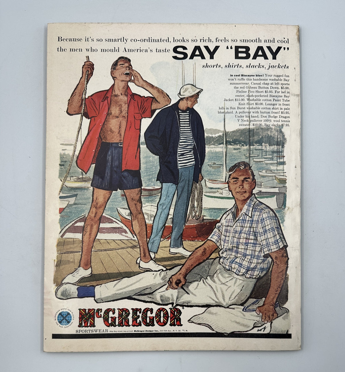 Esquire Magazine May 1957 presenting a McGregor sportswear advertisement, illustrating men in coordinated summer attire by the water, promoting stylish shorts, shirts, and jackets.