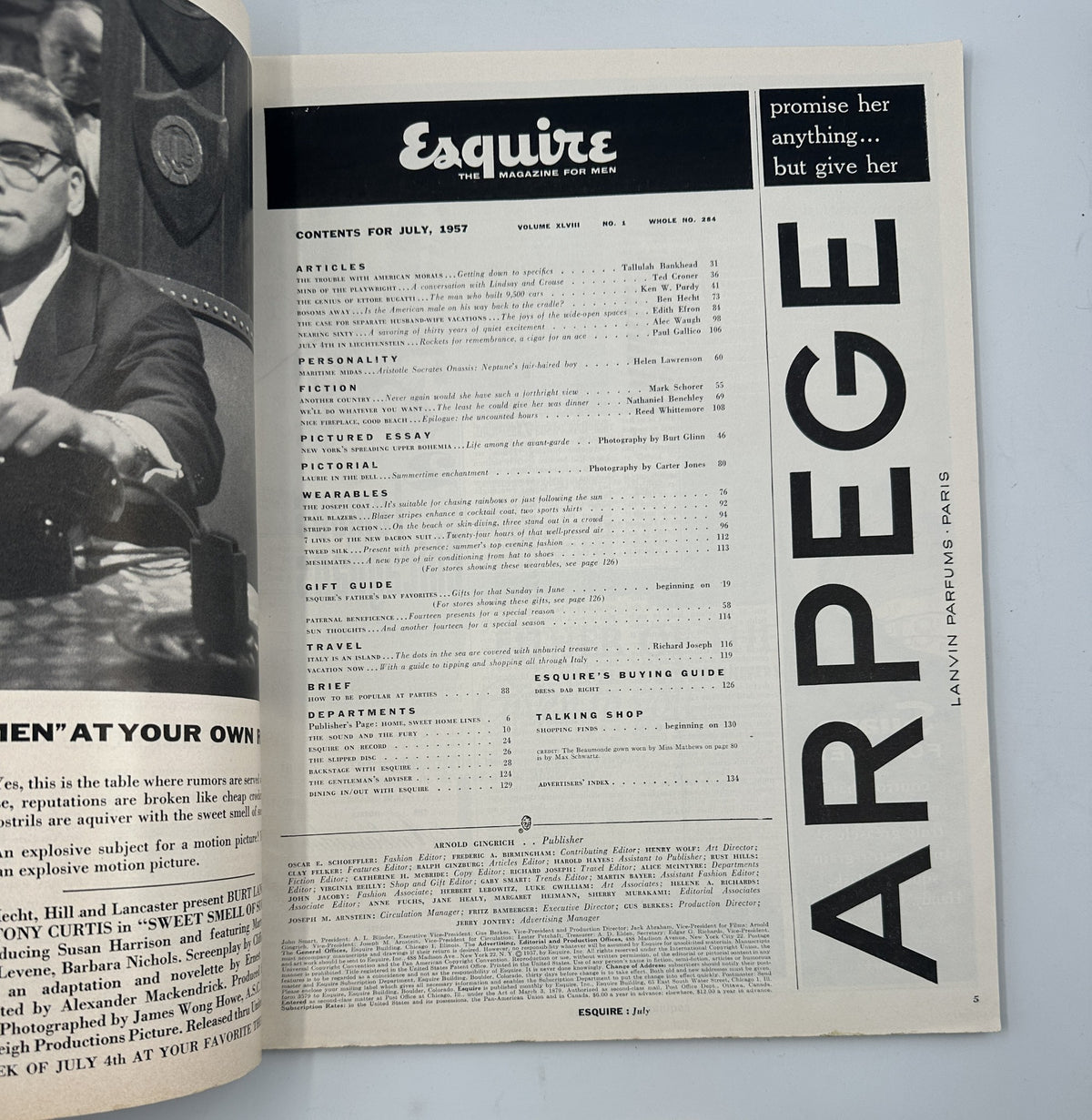 Table of contents page from Esquire Magazine July 1957, listing articles and features including topics on morality, car manufacturing, and personality profiles.