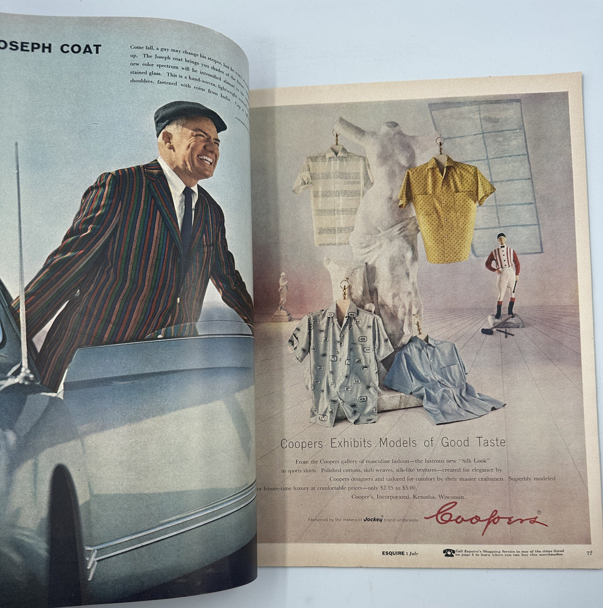 Page from Esquire Magazine July 1957 showcasing an advertisement featuring a man in a striped suit, alongside stylish clothing options, promoting the Joseph coat.