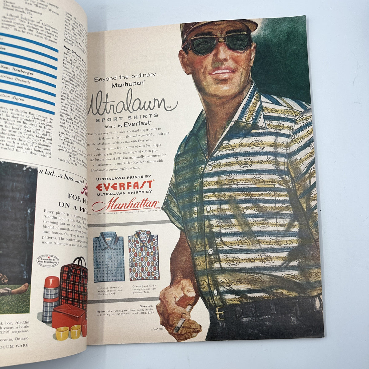 Illustration of a man wearing sunglasses and a patterned shirt advertising 'Ultralawn Sport Shirts' by Manhattan, featured in Esquire Magazine, July 1957.